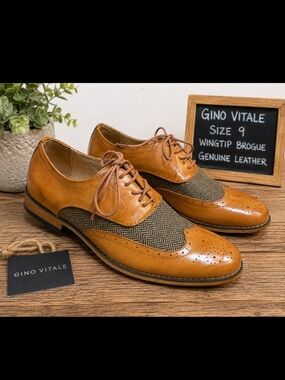 Gino Vitale Men's Tan Wingtip Brogue Herringbone Leather Oxfords